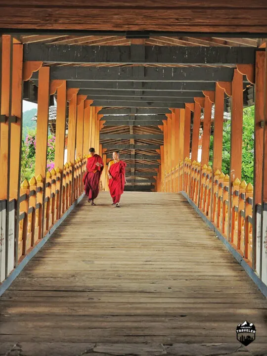 Two monks walks across the bridge that leads to the Punakha Dzong.