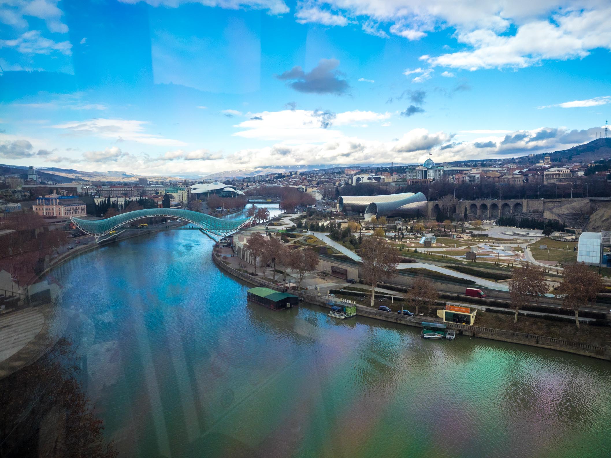 Taking the cable car across the river, There´s some strange modern architecture on the right side of the river.,georgia cabel car across the river Tbilisi the capital of Georgia