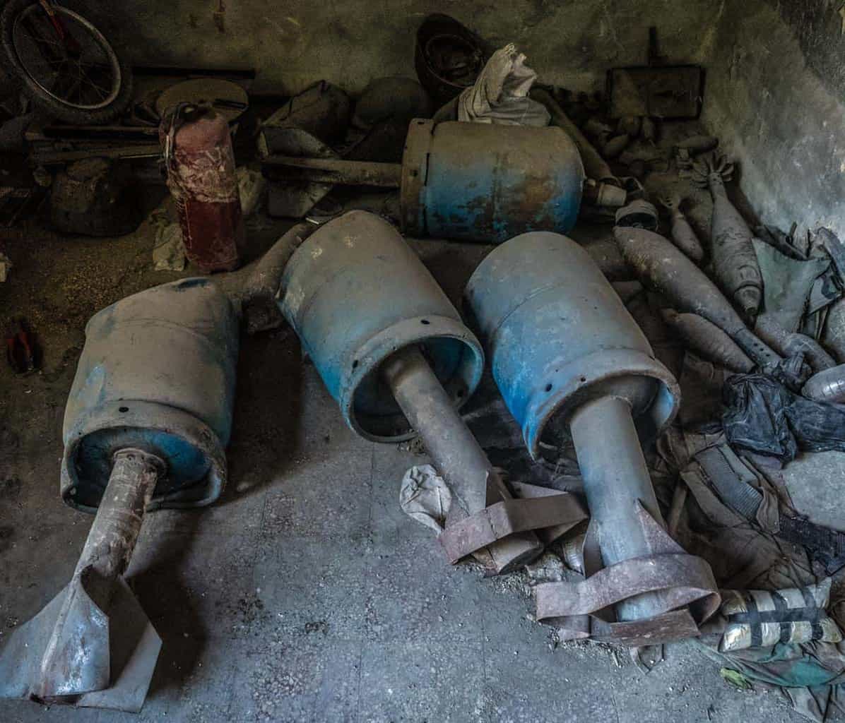 old hell canon bombs laying around in Aleppo 2017