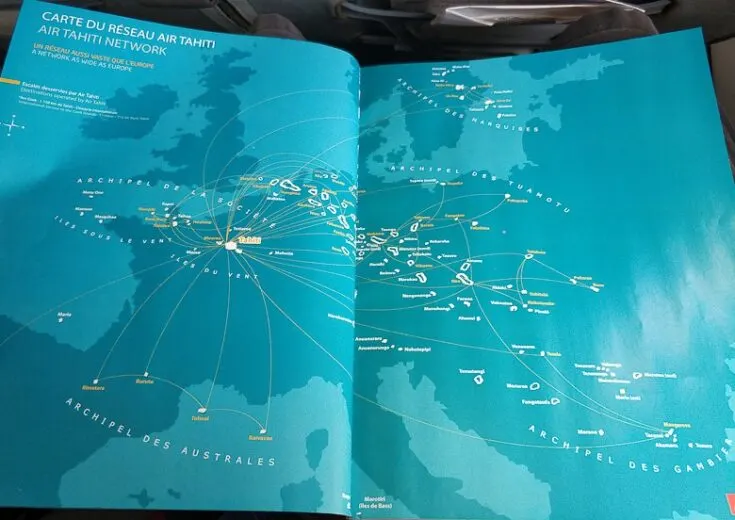 Flight Map for Air Tahiti, showing the distances and size of French Polynesia compared to Europe.