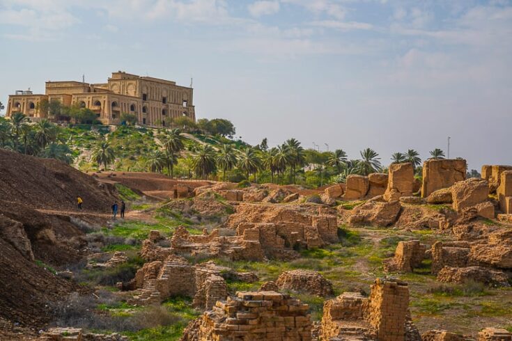 Saddam Huseins old palace overlooking the crumbling ruins of Babylon.