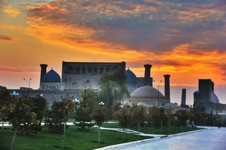 Sunset over Registan in Samarkand, Uzbekistan