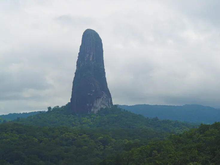 the Volcanic tower known as Pico Cao Grande 668m (2,192 ft)or “Great Dog Peak” sao tome