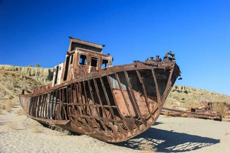 Old boat remains from where the Aral Sea in Uzbekistan used to be