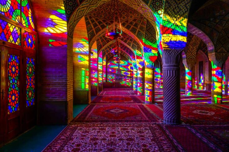 Inside the beautiful Nasir Al-Molk Mosque, also known as the Pink Mosque. shiraz iran